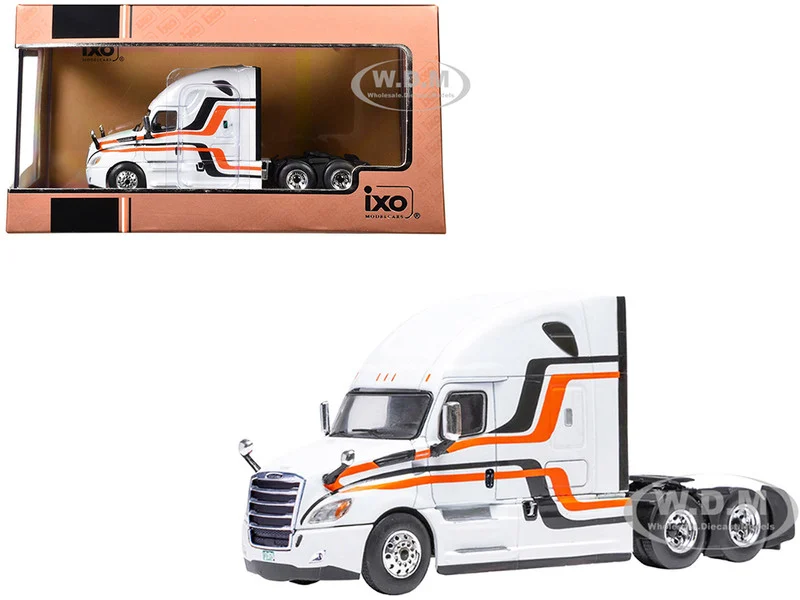 2018 Freightliner Cascadia Truck Tractor White with Black and Orange Stripes 1/64 Diecast Model by IXO Models - Freightliner Models