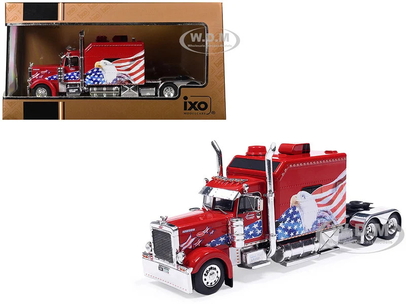 2002 Peterbilt 379 Custom Truck Tractor Red with Patriotic Graphics 1/64 Diecast Model by IXO Models - Peterbilt Models