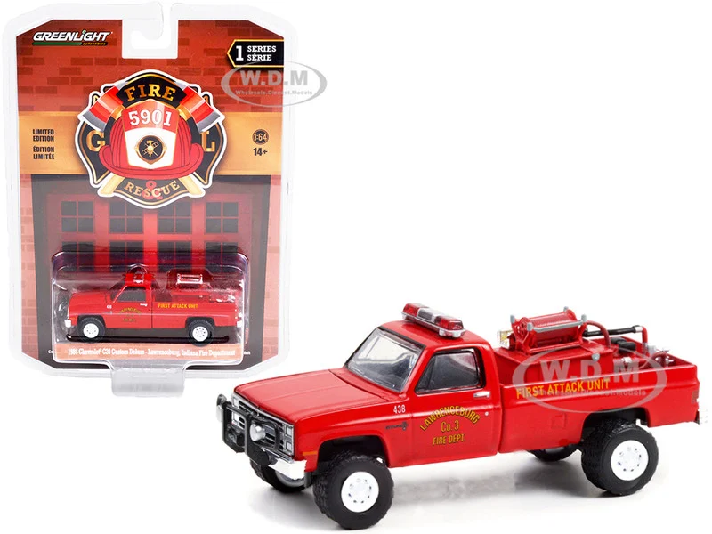 1986 Chevrolet C20 Custom Deluxe Pickup Truck Red First Attack Unit with Fire Equipment, Hose and Tank "Lawrenceburg Fire Department" (Indiana) "Fire & Rescue" Series 1 1/64 Diecast Model Car by Greenlight - Chevrolet Models