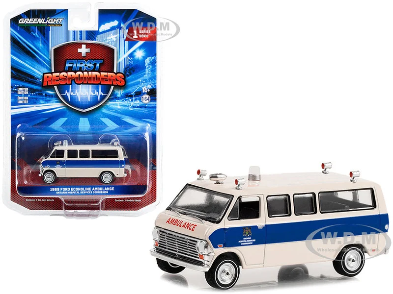 1969 Ford Econoline Ambulance Beige with Blue Stripes "Ontario Hospital Services Commission, Ontario, Canada" "First Responders" Series 1 1/64 Diecast Model Car by Greenlight - Ford Models