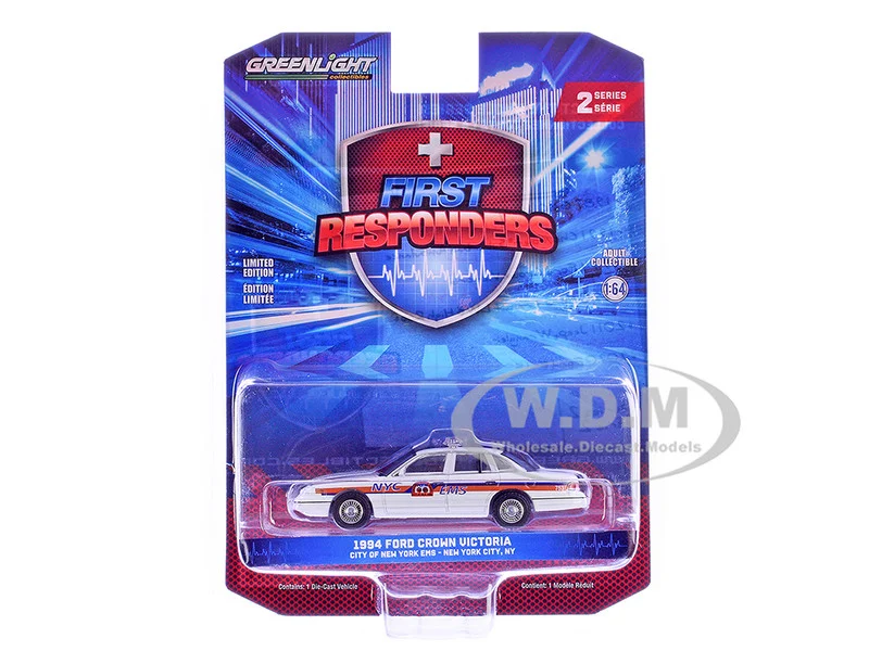 1994 Ford Crown Victoria "NYC EMS (City of New York Emergency Medical Service)" White with Blue and Red Stripes "First Responders" Series 2 1/64 Diecast Model Car by Greenlight - Ford Models