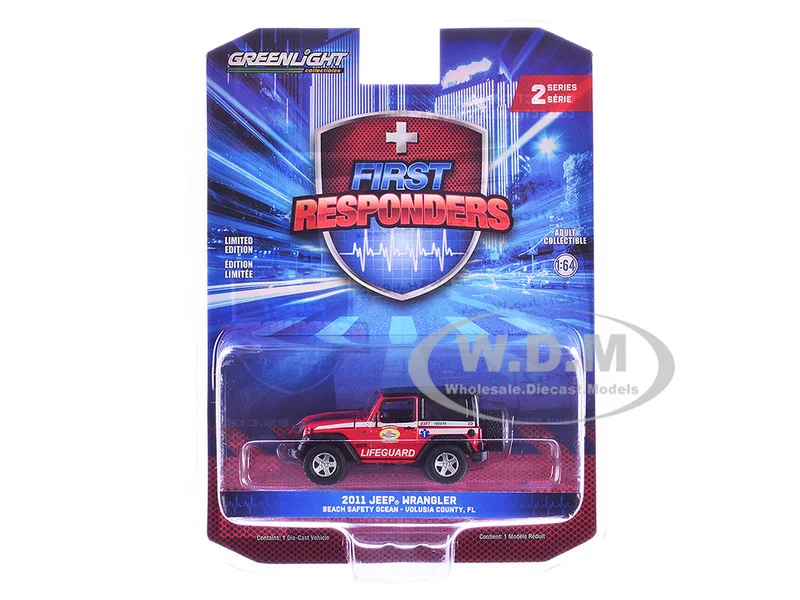 2011 Jeep Wrangler "Volusia County Florida Beach Safety Ocean Rescue Lifeguard/EMT" Red with White Stripes "First Responders" Series 2 1/64 Diecast Model Car by Greenlight - Jeep Models