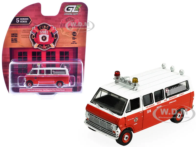 1969 Ford Econoline Ambulance "Los Angeles Fire Department" Red and White "Fire & Rescue" Series #5 1/64 Diecast Model Car by Greenlight - Ford Models