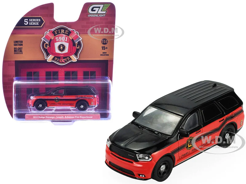 2019 Dodge Durango "Lowell, Arkansas Fire Department" Red and Black with Black Stripes "Fire & Rescue" Series #5 1/64 Diecast Model Car by Greenlight - Fire and Rescue Models