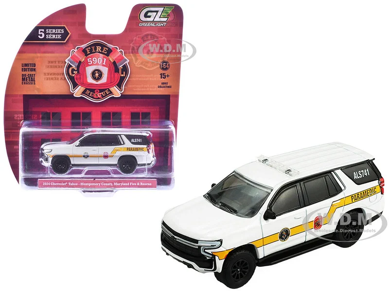 2024 Chevrolet Tahoe "Montgomery County, Maryland Fire & Rescue Bethesda-Chevy Chase Rescue Squad" White with Yellow Stripes "Fire & Rescue" Series #5 1/64 Diecast Model Car by Greenlight