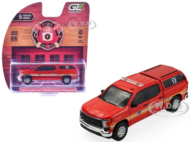2023 Chevrolet Silverado Pickup Truck with Camper Shell "FDNY (New York City Fire Department)" Red with Stripes "Fire & Rescue" Series #5 1/64 Diecast Model Car by Greenlight - Chevrolet Models