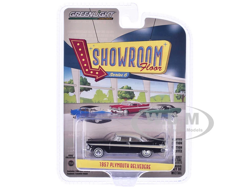 1957 Plymouth Belvedere Jet Black with Sand Dune White Top and Stripes "Showroom Floor" Series 6 1/64 Diecast Model Car by Greenlight - Plymouth Models