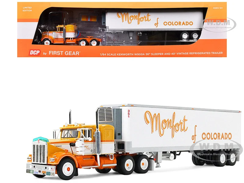 Kenworth W900A with 36" Sleeper and 40' Vintage Trailer with Reefer "Monfort of Colorado" Orange and White "Fallen Flag #50" 1/64 Diecast Model by DCP/First Gear - Kenworth Models