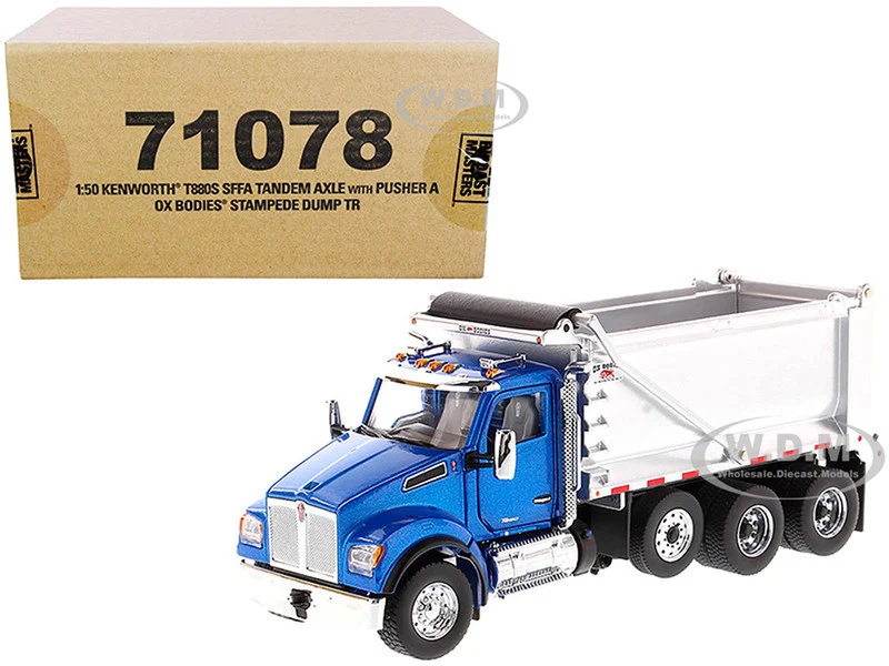 Kenworth T880S SFFA Tandem Axle with Pusher Axle OX Stampede Dump Truck Blue and Chrome "Transport Series" 1/50 Diecast Model by Diecast Masters - Kenworth Models