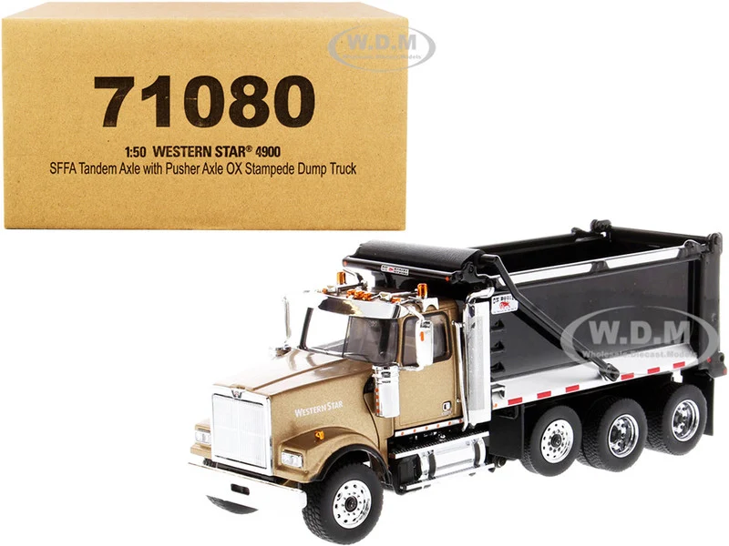 Western Star 4900 SFFA Tandem with Pusher Axle OX Stampede Dump Truck Gold and Black "Transport Series" 1/50 Diecast Model by Diecast Masters - Western Star Models