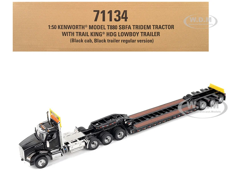 Kenworth T880 SBFA Tridem Truck with Trail King HDG Lowboy Trailer Black "Transport Series" 1/50 Diecast Model by Diecast Masters - Kenworth Models