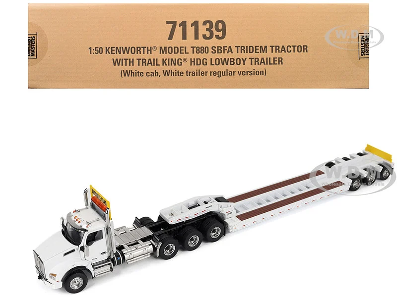 Kenworth T880 SBFA Tridem Truck with Trail King HDG Lowboy Trailer White "Transport Series" 1/50 Diecast Model by Diecast Masters - Kenworth Models