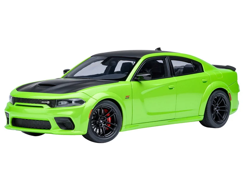 Dodge Charger Scat Pack Widebody Sublime Green with Matt Black Hood and Top 1/18 Model Car by Autoart - Dodge Models