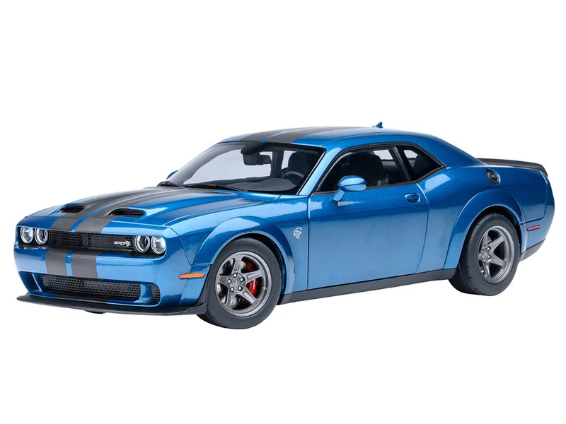 2023 Dodge Challenger SRT Super Stock Frostbite Blue Metallic with Carbon Stripes 1/18 Model Car by Autoart - Dodge Models