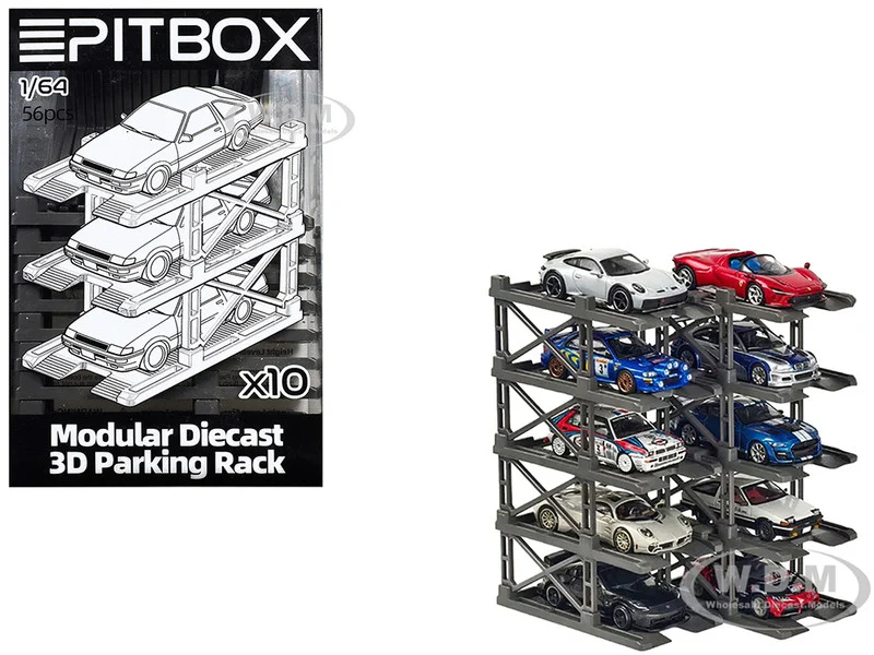 Modular Diecast 3D Parking Rack Display Stand Set of 10 Racks for 1/64 Scale Model Cars by Pitbox - Accessories