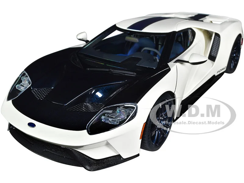 Ford GT Heritage Edition Prototype Wimbledon White with Antimatter Blue Hood and Stripe 1/18 Model Car by Autoart - Ford Models