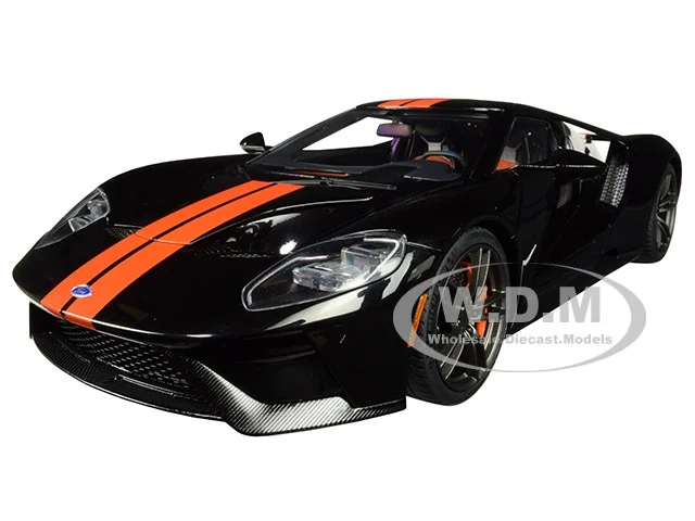 2017 Ford GT Shadow Black with Orange Stripes 1/18 Model Car by Autoart - Ford Models