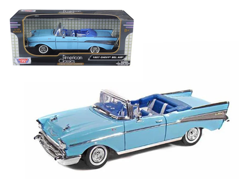 1957 Chevrolet Bel Air Convertible Light Blue with Blue Interior 1/18 Diecast Model Car by Motormax - Chevrolet Models