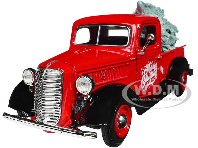 1937 Ford Pickup Truck Red and Black "Merry Christmas" with Tree Accessory 1/24 Diecast Model Car by Motormax - Ford Models
