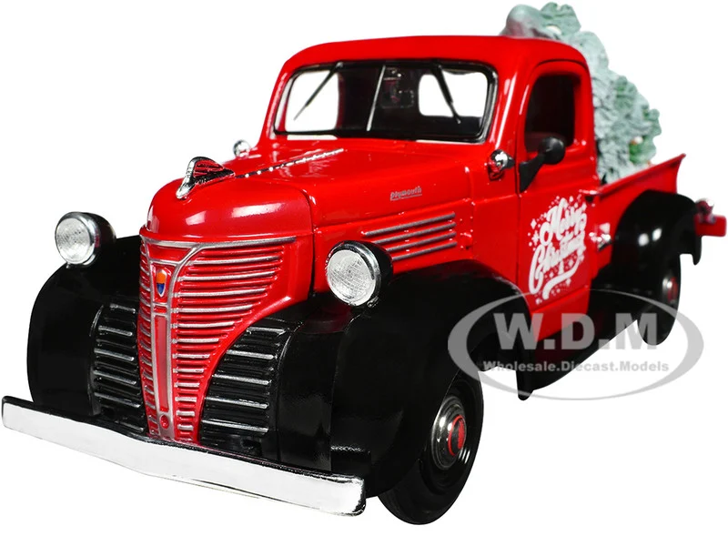 1941 Plymouth Pickup Truck Red and Black "Merry Christmas" with Tree Accessory 1/24 Diecast Model Car by Motormax - Plymouth Models