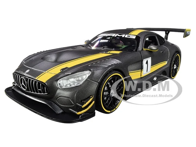 Mercedes AMG GT3 #1 Matt Gray with Yellow Stripes "GT Racing" 1/24 Diecast Model Car by Motormax - Mercedes Models
