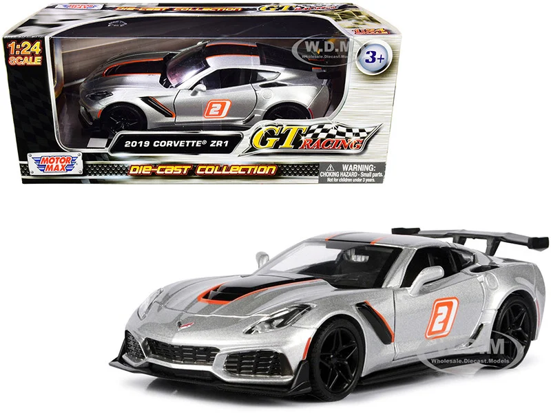 2019 Chevrolet Corvette ZR1 #2 Silver with Black and Orange Stripes "GT Racing" Series 1/24 Diecast Model Car by Motormax - Chevrolet Models