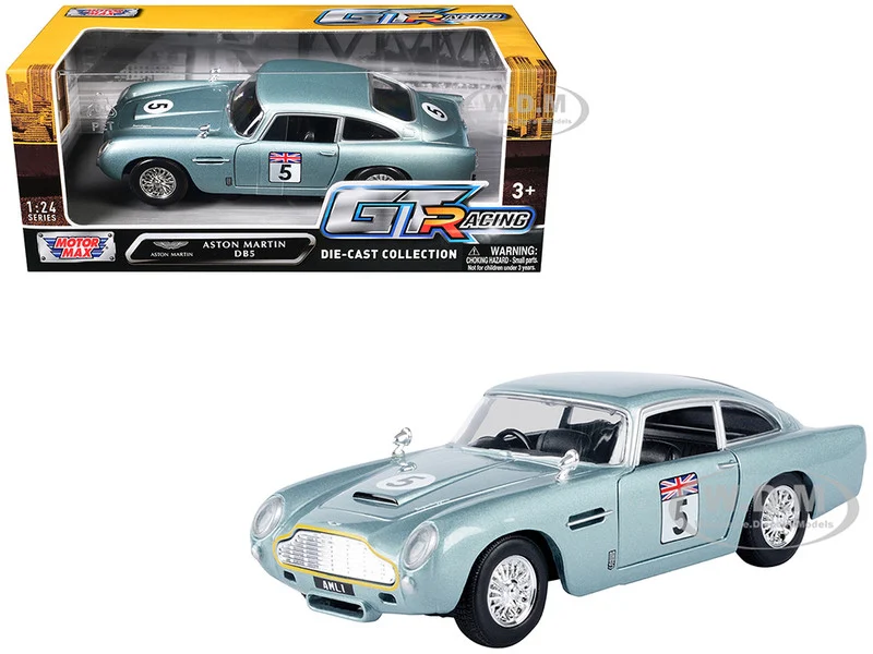 Aston Martin DB5 RHD (Right Hand Drive) #5 Light Blue Metallic "GT Racing" Series 1/24 Diecast Model Car by Motormax - Aston Martin Models