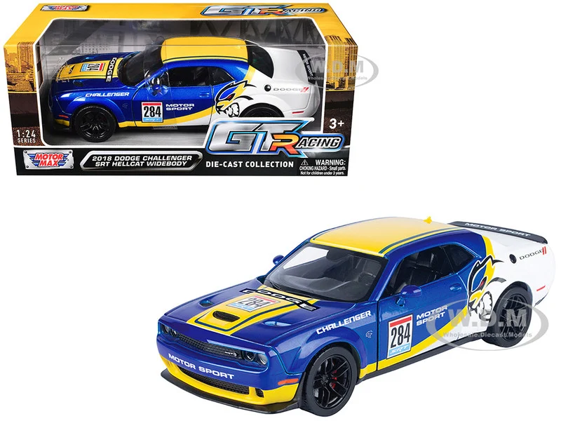 2018 Dodge Challenger SRT Hellcat Widebody #284 Blue Metallic and White with Yellow Graphics "GT Racing" Series 1/24 Diecast Model Car by Motormax - Dodge Models