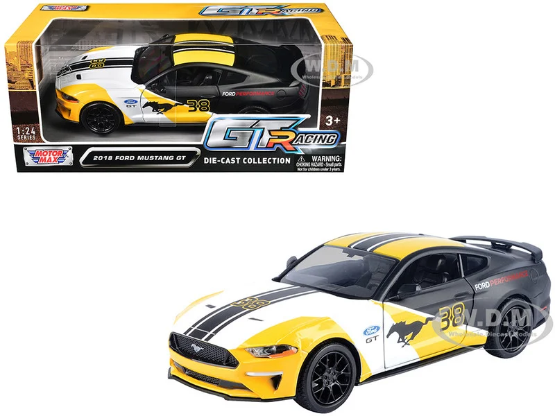 2018 Ford Mustang GT #38 White and Matt Black with Yellow Graphics "GT Racing" Series 1/24 Diecast Model Car by Motormax - Ford Models