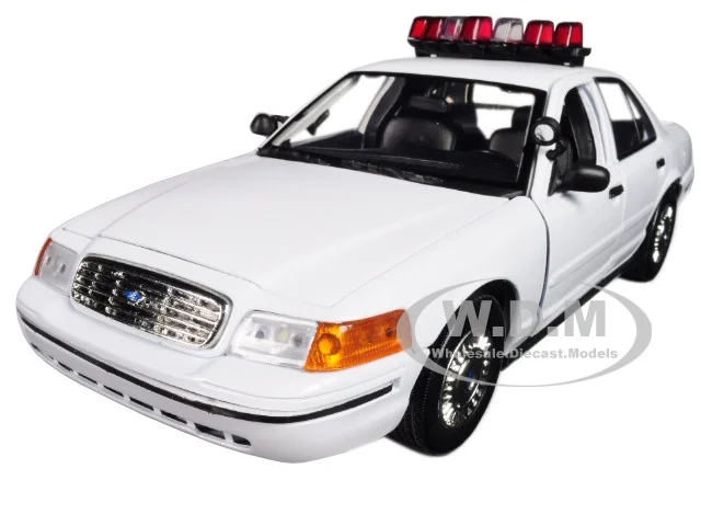 2001 Ford Crown Victoria Police Car Plain White with Flashing Light Bar, Front and Rear Lights and Sounds 1/18 Diecast Model Car by Motormax - Ford Models
