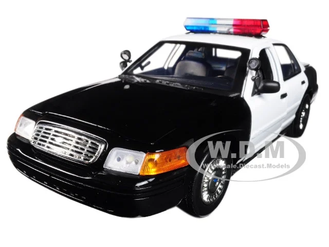 2001 Ford Crown Victoria Police Car Plain Black & White with Flashing Light Bar, Front and Rear Lights and Sound 1/18 Diecast Model Car by Motormax - Ford Models