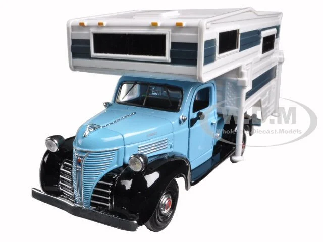 1941 Plymouth Pickup Truck with Camper Shell Light Blue and White 1/24 Diecast Model Car by Motormax - Plymouth Models