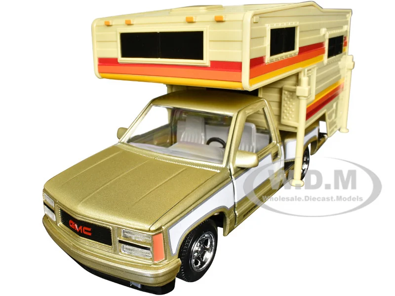 1992 GMC Sierra GT Pickup Truck Gold Metallic with White Sides with Camper Shell "American Classics" Series 1/24 Diecast Model Car by Motormax - GMC Models