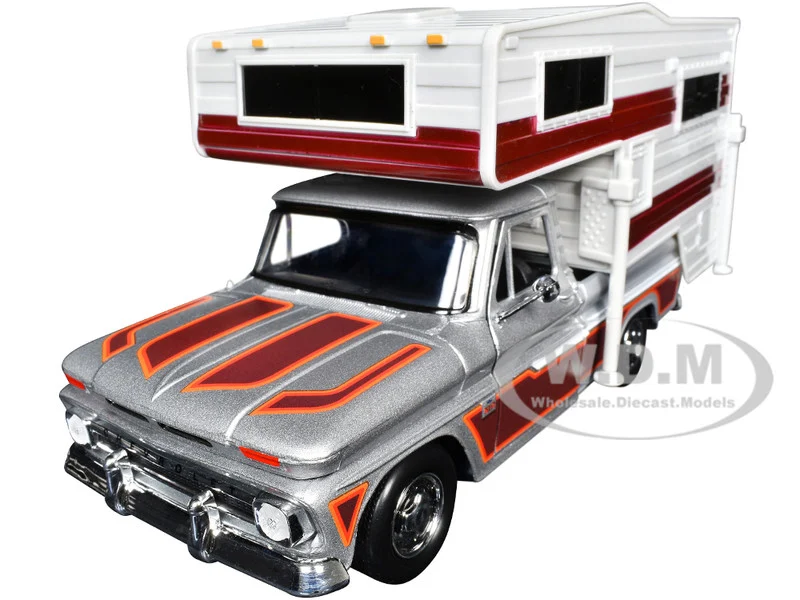 1966 Chevrolet C10 Fleetside Pickup Truck Silver Metallic with Brown Sides with Camper Shell "American Classics" Series 1/24 Diecast Model Car by Motormax - Chevrolet Models