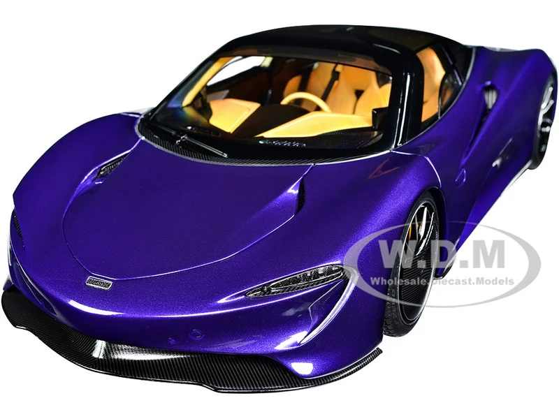 McLaren Speedtail Lantana Purple Metallic with Black Top and Yellow Interior and Suitcase Accessories 1/18 Model Car by Autoart - McLaren Models