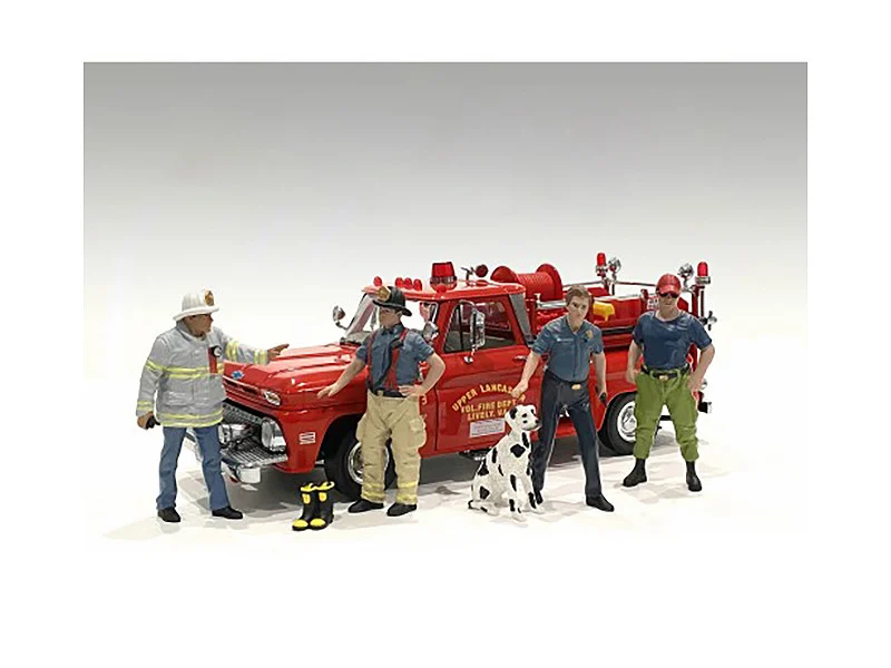 "Firefighters" 6 piece Figure Set (4 Males, 1 Dog, 1 Accessory) for 1/18 Scale Models by American Diorama - Accessories