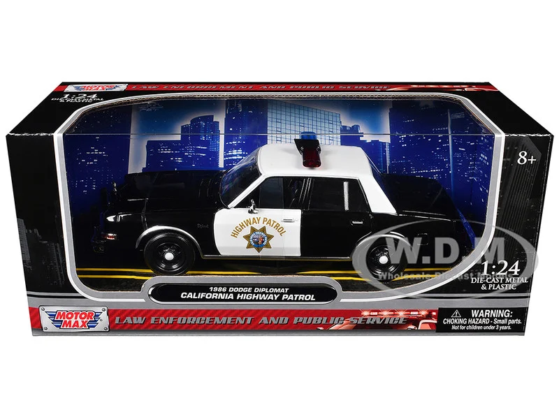 1986 Dodge Diplomat Police Car "California Highway Patrol" Black and White "Law Enforcement and Public Service" Series 1/24 Diecast Model Car by Motormax - Dodge Models