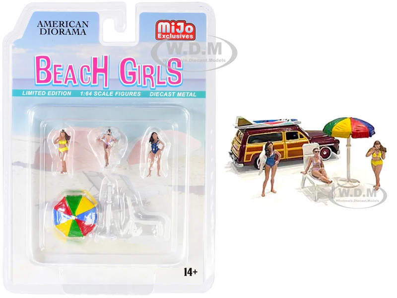 "Beach Girls" 5 piece Diecast Set (3 Figurines, 1 Beach Chaise and 1 Beach Umbrella) for 1/64 Scale Models by American Diorama - Accessories