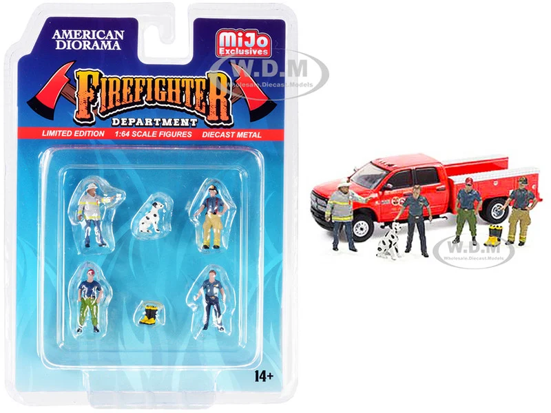 "Firefighter II" 6 piece Diecast Set (4 Figurines, 1 Dog and 1 Accessory) for 1/64 Scale Models by American Diorama - Fire and Rescue Models
