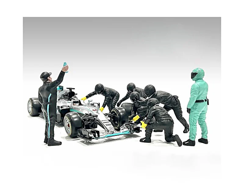 Formula One F1 Pit Crew 7 Figure Set Team Black Release III for 1/18 Scale Models by American Diorama - Formula 1 Models
