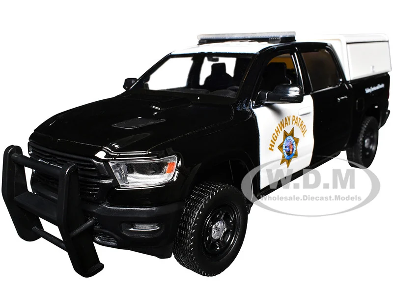 2019 RAM 1500 Laramine Crew Cab Pickup Truck "California Highway Patrol" Black and White with Truck Bed Camper "Law Enforcement and Public Service" Series 1/27 Diecast Model Car by Motormax - Police Models