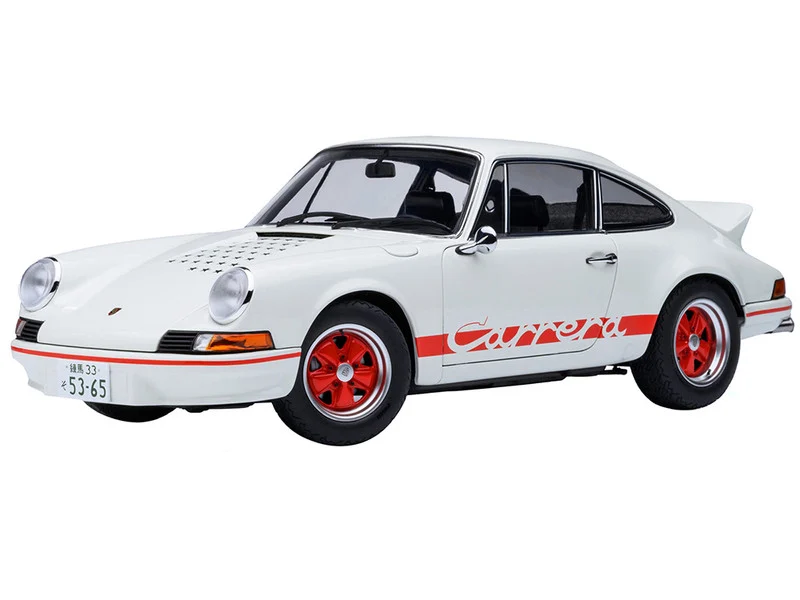 Porsche 911 Carrera 2.7 RS "The Circuit Wolf" White with Red Stripes and Wheels with Hood Graphics 1/18 Model Car by Autoart - Porsche Models