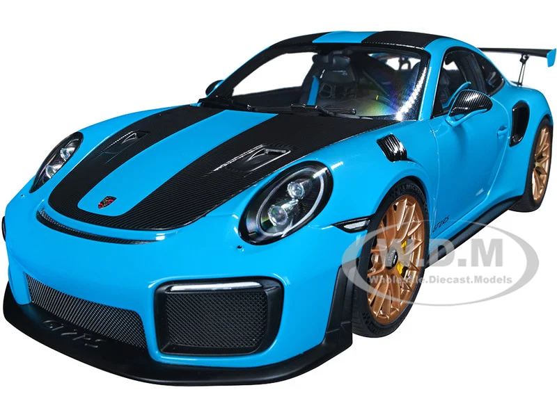 Porsche 911 (991.2) GT2 RS Weissach Package Miami Blue with Carbon Stripes 1/18 Model Car by Autoart - Porsche Models