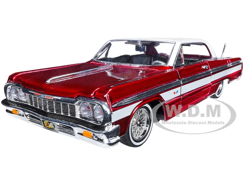 1964 Chevrolet Impala Lowrider Hard Top Candy Red Metallic with White Top "Get Low" Series 1/24 Diecast Model Car by Motormax - Chevrolet Models