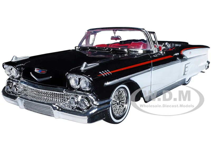 1958 Chevrolet Impala Convertible Lowrider Black and White with Red Interior "Get Low" Series 1/24 Diecast Model Car by Motormax - Chevrolet Models