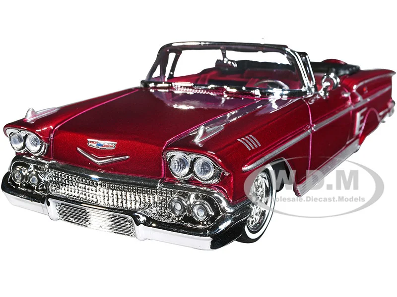 1958 Chevrolet Impala Convertible Lowrider Dark Red Metallic with Red Interior "Get Low" Series 1/24 Diecast Model Car by Motormax - Chevrolet Models