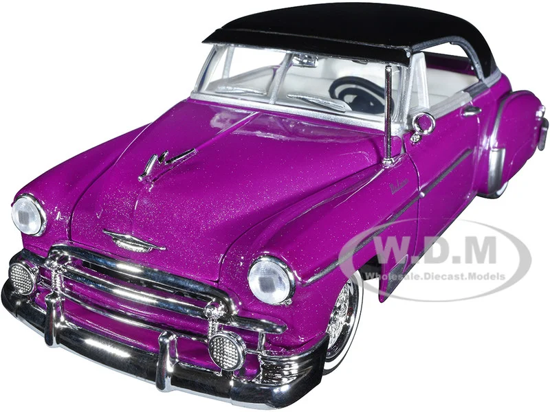 1950 Chevrolet Bel Air Lowrider Purple Metallic with Black Top and White Interior "Get Low" Series 1/24 Diecast Model Car by Motormax - Chevrolet Models