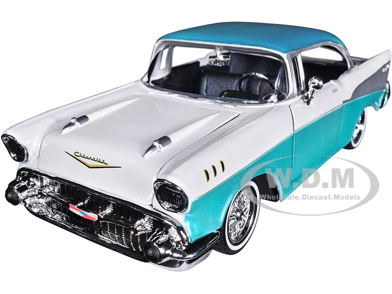 1957 Chevrolet Bel Air Lowrider Turquoise Metallic and White "Get Low" Series 1/24 Diecast Model Car by Motormax - Chevrolet Models