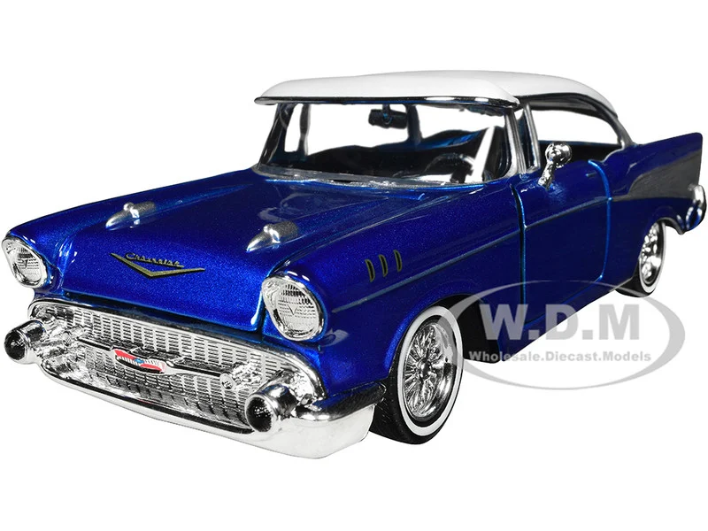 1957 Chevrolet Bel Air Lowrider Candy Blue with White Top "Get Low" Series 1/24 Diecast Model Car by Motormax - Chevrolet Models