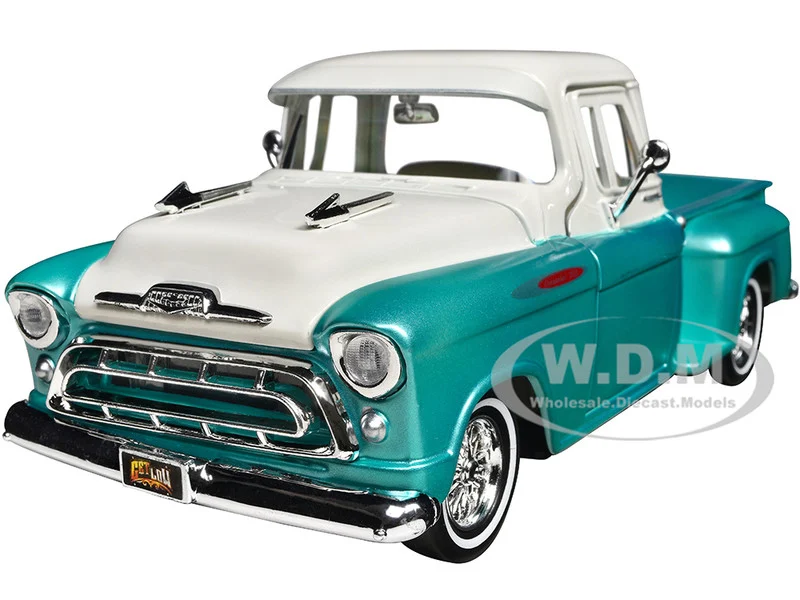 1957 Chevrolet 3100 Stepside Pickup Truck Lowrider Turquoise Metallic and White with White Interior "Get Low" Series 1/24 Diecast Model Car by Motormax - Chevrolet Models